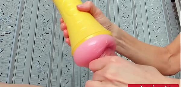  Stepmom helps her son to cum flashlight and swallow sperm